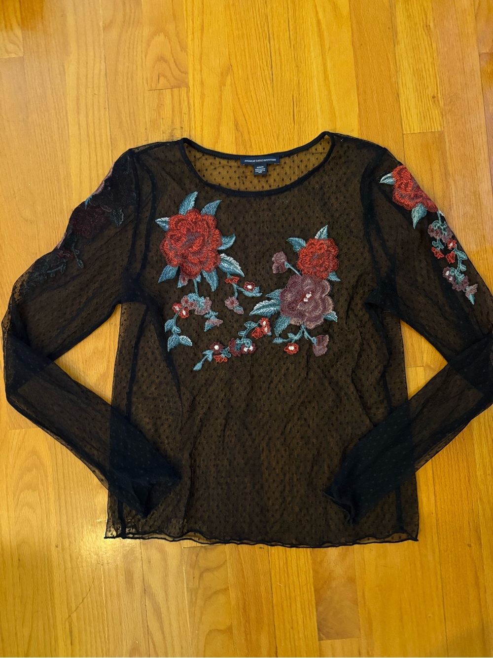 American Eagle Outfitters Black Sheer Long-Sleeve Top with Red Floral Embroidery